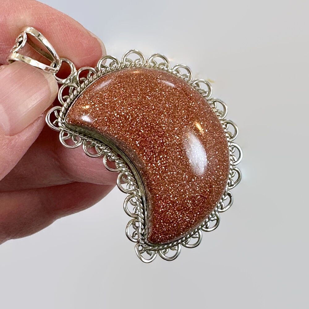 Goldstone Crescent Moon Pendant: Artisan Sterling Silver Boho Statement